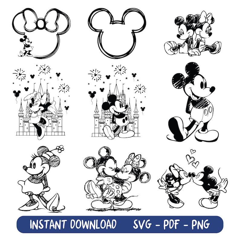 Musse och Mimmi Pigg svartvit skissdesign SVG PNG, Magical Kingdom Trip PNG, Musskiss Svg Png, Familjesemester bild 1