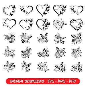 May include: A collection of black and white butterfly and heart designs. The image includes various heart shapes adorned with butterflies, along with individual butterfly and floral arrangements. Text at the bottom reads "INSTANT DOWNLOAD SVG - PNG - PFD".