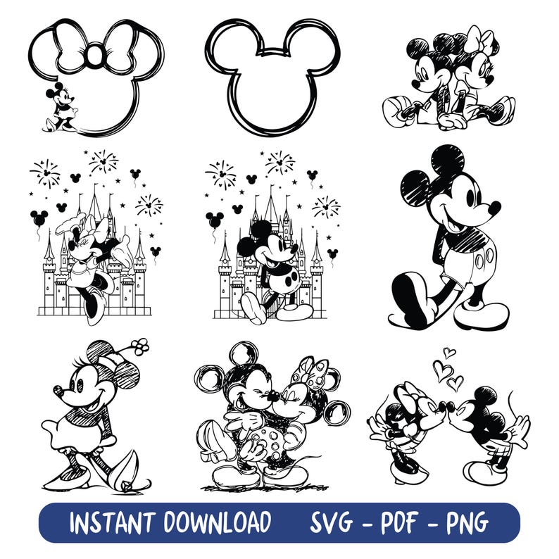 Musse och Mimmi Pigg svartvit skissdesign SVG PNG, Magical Kingdom Trip PNG, Musskiss Svg Png, Familjesemester bild 3