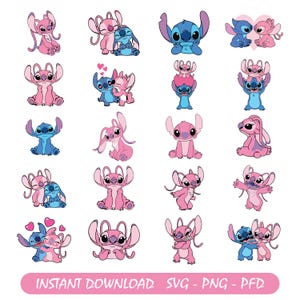 Puede incluir: Una colección de ilustraciones de dibujos animados con los personajes Stitch y Angel en varias poses. Las imágenes son principalmente rosas y azules, con algunos diseños que muestran a los personajes juntos. El texto en la parte inferior dice "INSTANT DOWNLOAD SVG - PNG - PFD."