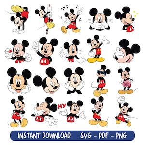 May include: A collection of Mickey Mouse illustrations in various poses, wearing red shorts, yellow shoes, and white gloves. The images are in black, red, yellow, and white. Text at the bottom reads "INSTANT DOWNLOAD SVG - PDF - PNG."