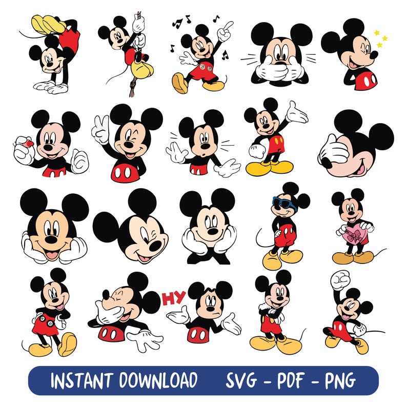May include: A collection of Mickey Mouse illustrations in various poses, wearing red shorts, yellow shoes, and white gloves. The images are in black, red, yellow, and white. Text at the bottom reads "INSTANT DOWNLOAD SVG - PDF - PNG."