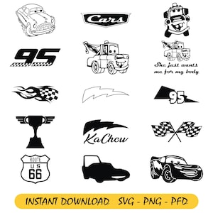 May include: Black and white illustrations of various car-themed designs. Includes the word "Cars" in a stylized font, the number "95" with a checkered flag, and the phrase "KaChow". Also features a Route 66 sign and car silhouettes.