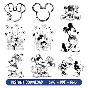 Musse och Mimmi Pigg svartvit skissdesign SVG PNG, Magical Kingdom Trip PNG, Musskiss Svg Png, Familjesemester bild 2