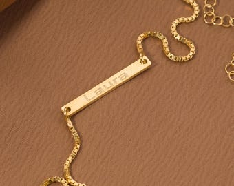 Custom Name Bar Bracelet | Engraved Box Chain Bracelet | Personalized 925 Sterling Silver Jewelry