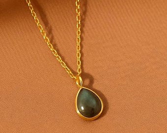 Labradorite Teardrop Necklace | Dainty Gray Gemstone Pendant | Minimalist Gold or Silver Necklace Gift