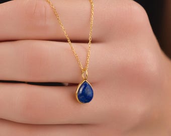 Collier en forme de larme en lapis-lazuli | Pendentif délicat avec pierres précieuses bleues | Cadeau minimaliste chaîne en or ou en argent