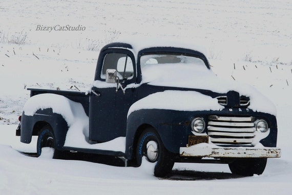 Landscape Photography Portrait Of An Old Truck Vintage Ford Truck Blue Truck In Snow Ole Blue Fine Art Print