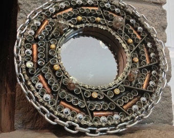 Handmade unique round mirror upcycled hardware and googley eyes