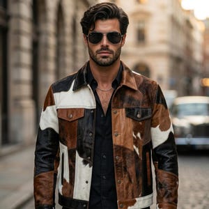 Men's Cowhide Patchwork Jacket Genuine Hair On Hide Western Trucker Coat Handmade