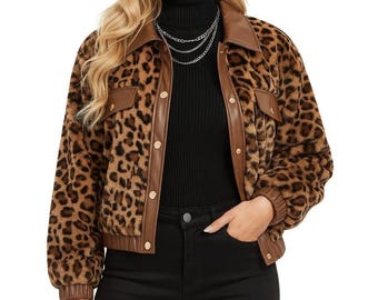 Leopard Print Jacket Women Cropped Bomber Fall Fashion Gift