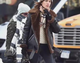 Sheepskin Leather Bomber Jacket Brown Fur Lined Motorcycle Coat