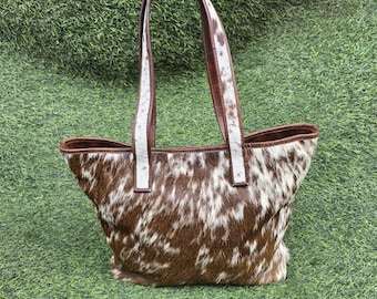 Genuine Hair-On Cowhide Tote Bag Brown White Western Shoulder Purse