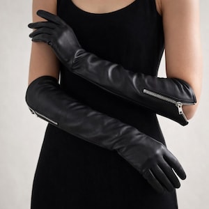 Nappa Long Leather Gloves with Red Silk Lining & Zipper Detail