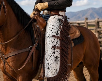 Puede incluir: Una persona a caballo lleva unos chaps de cuero marrón con un diseño moteado blanco y negro y flecos marrones. La persona lleva una camisa negra, guantes y un cinturón con hebilla plateada. El caballo tiene una silla de montar y brida marrones.