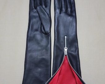 Nappa Long Leather Gloves with Red Silk Lining & Zipper Detail