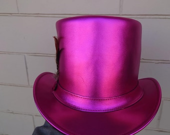 Handmade Pink Metallic Leather Top Hat: Steampunk Cosplay, Feather Accent