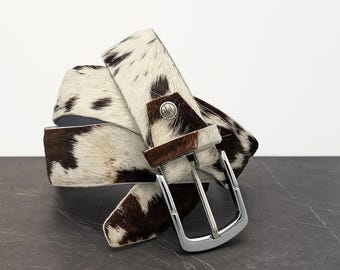 Cintura in pelle bovina stile western con pelo di pony, unisex