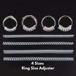 Puede incluir: Cuatro ajustadores de tamaño de anillo de plástico transparente en diferentes tamaños. Los ajustadores están hechos de un plástico transparente flexible y se pueden usar para hacer que los anillos queden más cómodos. 4 Tamaños Ajustador de tamaño de anillo