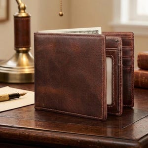 May include: A bi-fold wallet crafted from dark brown leather with a visible grain texture. The wallet is partially open, revealing interior card slots, a clear identification window, and a single paper bill tucked into the main compartment.