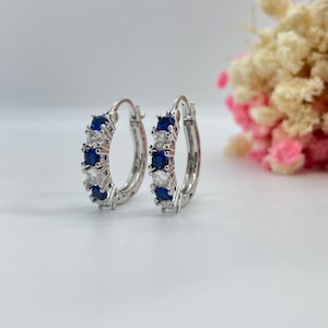 Blue Crystal Hoop Earring | Silver Hoop Earring | Minimalist Simple Blue Hoop Earrings | Hoop Earrings for Her | Gift for Her
