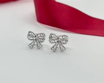 Silver Bow Stud Earrings | Dainty Ribbon Tie Earrings