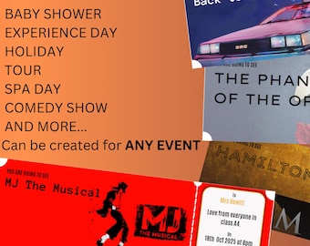 Puede incluir: Un collage de boletos de teatro de fantasía coloridos con imágenes de espectáculos populares como Regreso al futuro, El fantasma de la ópera, Hamilton y MJ The Musical. El texto en los boletos incluye el nombre del espectáculo, la fecha, la hora y la ubicación. El texto en la parte inferior de la imagen dice "*TENGA EN CUENTA QUE ESTOS SON VALES DE REGALO DE NOVEDAD Y NO DAN ACCESO A NINGÚN EVENTO*"