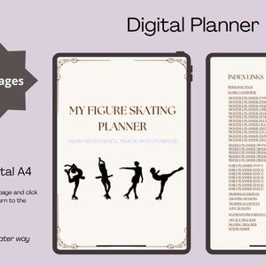 Puede incluir: Planificador digital con el texto "My Figure Skating Planner" y un gráfico de estrella que dice "50+ páginas". El planificador incluye enlaces de índice y es imprimible y digital A4. La imagen tiene acentos morados.