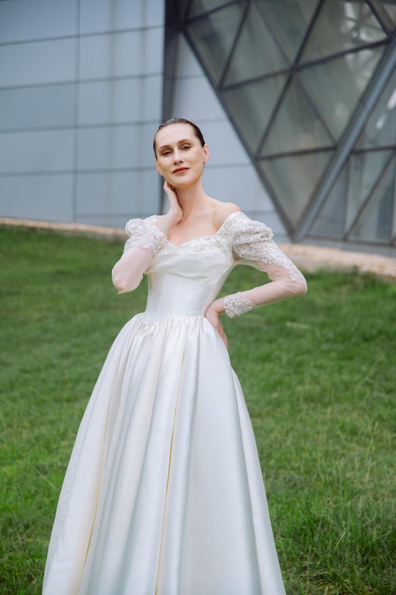 Long Satin Ball Gown Sleeve Wedding Dress Royal Elegant main image 0
