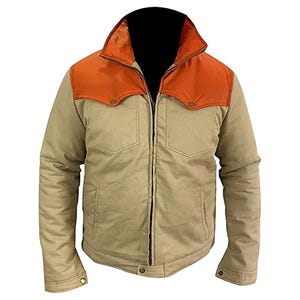 May include: A beige jacket with an orange collar and yoke. The jacket has a zipper closure and button accents.