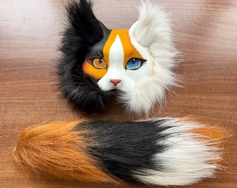 Máscara y cola de gato calicó hechas a mano: para therians, cosplay y furries