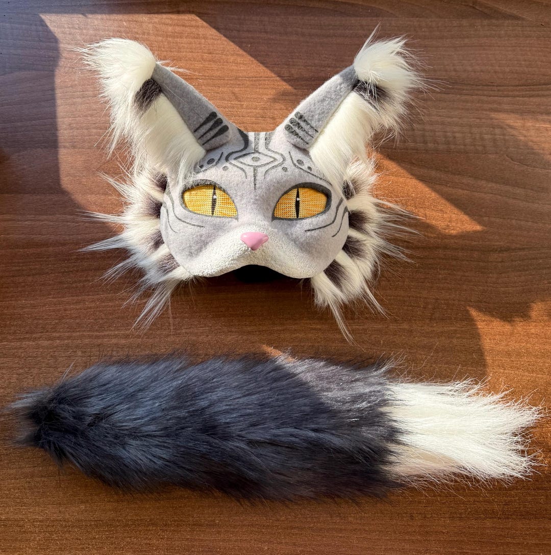Fur Mask Handmade Grey Cat Mask and Faux Fur Tail, for Therians, Furries ...