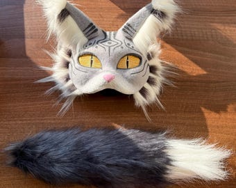 Máscara de gato cinza feita à mão e cauda de pele sintética, para Therians, Furries, Cosplay