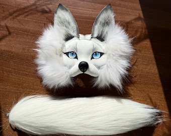 Therian white fox mask and tail,  animal furry tail and mask, cosplay tail, fursuit tail