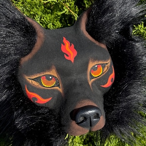 Fire Wolf Therian Mask – Handmade Ethereal Black Wolf Mask for Quadrobics, Outdoor Running, Therian Expression. Great gift