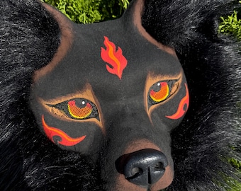 Fire Wolf Therian Mask – Handmade Ethereal Black Wolf Mask for Quadrobics, Outdoor Running, Therian Expression. Great gift