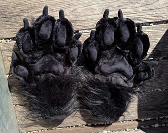 Pięciopalczaste sztuczne futro z łapami, futrzane, czarne, miękkie łapy – kostium zwierzęcy | Akcesorium do kostiumu futrzanego | Rękawiczki cosplay