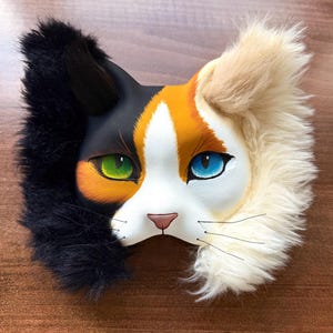 Cat mask with whiskers, handmade therian calico cat,  animal furry mask, cosplay, fursuit, therian mask