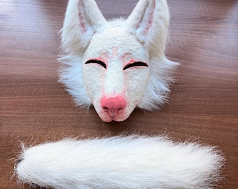 Máscara y cola de Therian blanco: zorro realista hecho a mano para quadrobics, furries y carreras de quads.