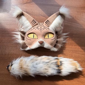 Handmade therian mask and tail, faux fur tail, cat, fox, animal furry tail and mask, cosplay tail, fursuit tail, therian mask