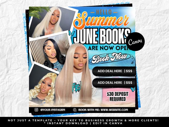 June Booking Flyer, June Nail Flyer, June Books Open, Summer Booking Flyer, Makeup MUA Lashes Hair Locs Braids Wig Beauty Flyer, June Calend