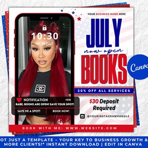 July Booking Flyer, July Bookings, 4th of July Booking Flyer, July Books Open, Appointment Flyer, Hair Nails Lashes Makeup, Book Now Flyer