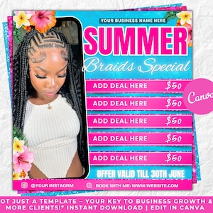 Summer Braid Sale Flyer, Summer Sale Flyer, Braid Prices Flyer, Braids Sale Flyer, Hair Flyer, Lashes Flyer, Braids Special Flyer Template