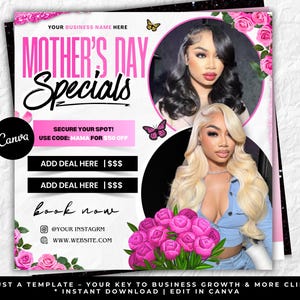 Mother's Day Booking Flyer, Mother's Day Social Media Post, Mother's Day Special Flyer,Mother's Day Deals Hair Braids Makeup, Canva Editable