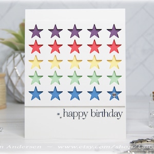 Rainbow Stars Happy Birthday Card - Hand Stamped Birthday Card - Super Stars Birthday Card - Handmade Card - BDAY 029
