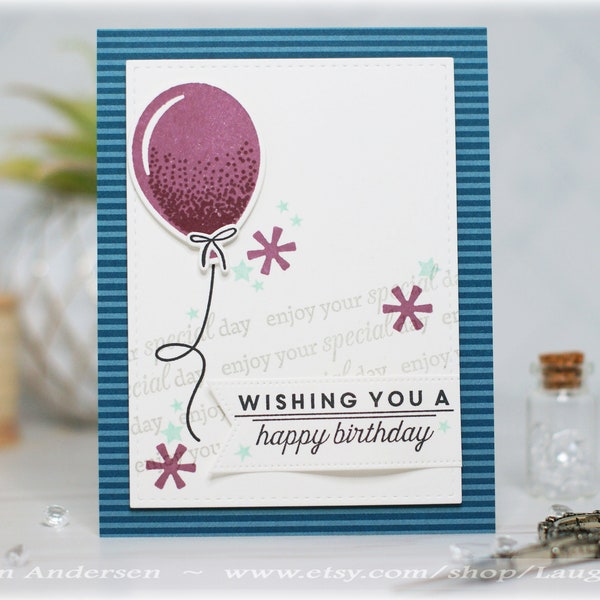 Party Balloon Wishing You A Happy Birthday Greeting Card - Stripes Birthday Card - Hand Stamped Birthday Card - Handmade Card - BDAY 041