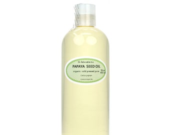 May include: A clear glass bottle of 16 ounce (455 ml) organic cold-pressed papaya seed oil. The label is green and white with the text "Dr Adorable Inc. PAPAYA SEED OIL organic cold pressed pure Carica papaya"