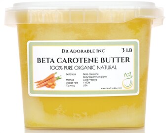 May include: A 3-pound container of Beta Carotene Butter, 100% pure organic natural, made from Butyrospermum parki (Shea) butter. The label includes the botanical name, method (cold pressed), usage rate (1-100%), country of origin (USA), and website address.
