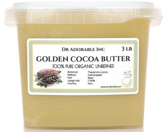May include: A plastic container filled with golden cocoa butter. The label reads "Golden Cocoa Butter" and "100% Pure Organic Unrefined". The container holds 3 pounds of product. The label also includes botanical and usage information.
