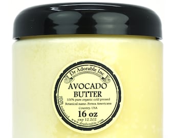 Puede incluir: Un tarro de 16 onzas de mantequilla de aguacate 100% pura orgánica prensada en frío. El tarro tiene una tapa negra y una etiqueta con el texto "Dr Adorable Inc. Avocado Butter 100% natural www.dradorable.com exp 12.202".